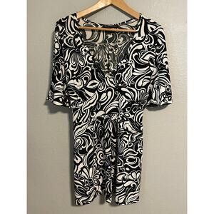 Vintage Womens Tunic Size 2X Black White Floral Babydoll Whimsigoth 90s Y2K